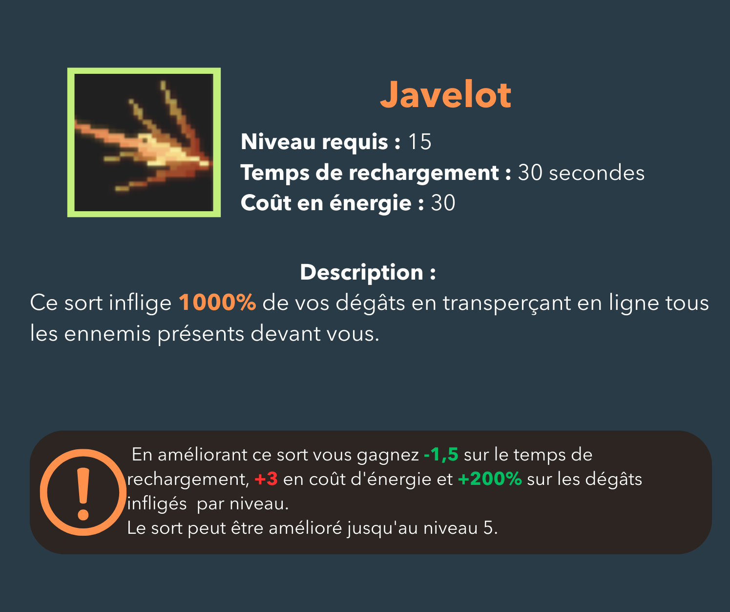 Javelot, sort niveau 15, archer
